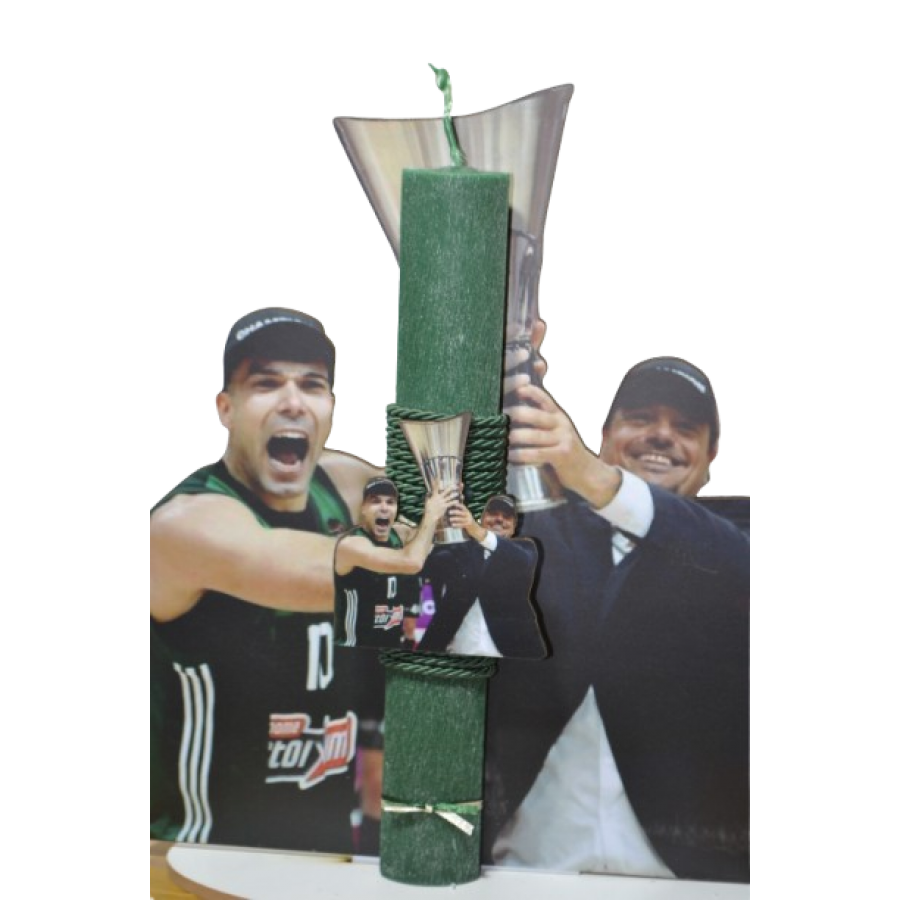 Χειροποίητη Αρωματική Λαμπάδα Με τον Πράσινο Ηγέτη και ΑΜΑΝ ΑΜΑΝ  σε ξύλινη Διακοσμητική Βάση (2026227)