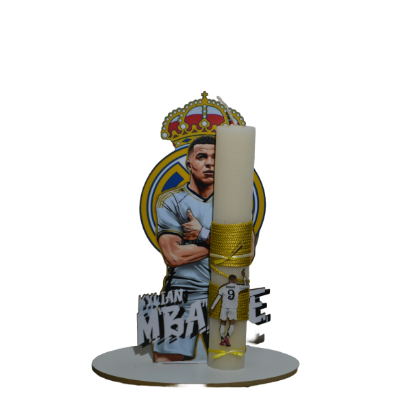 Χειροποίητη Αρωματική Λαμπάδα Με τον Mbappe  σε ξύλινη Διακοσμητική Βάση (2026149)