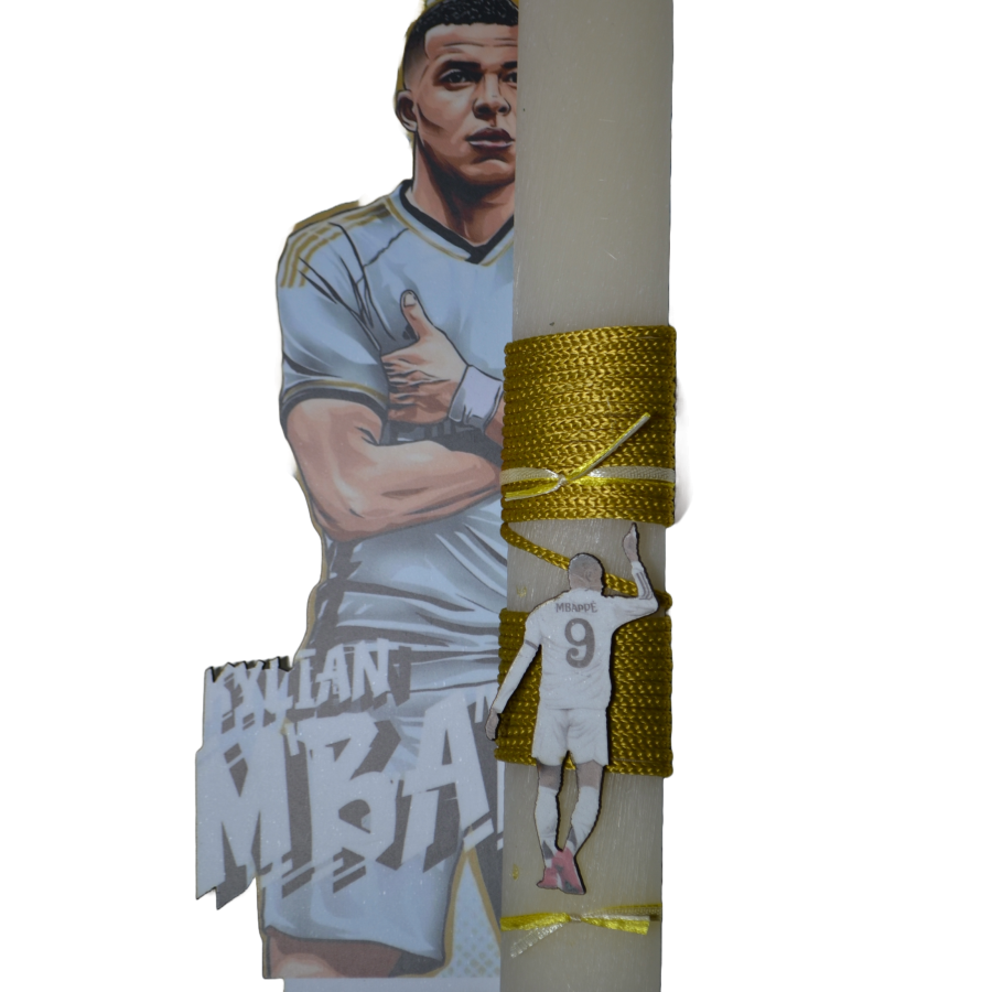 Χειροποίητη Αρωματική Λαμπάδα Με τον Mbappe  σε ξύλινη Διακοσμητική Βάση (2026149)
