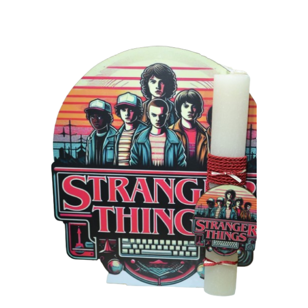 Χειροποίητη Αρωματική Λαμπάδα Με stranger things σε ξύλινη Διακοσμητική Βάση (2026156)