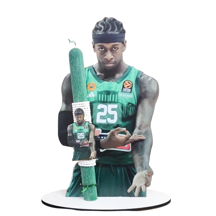 Χειροποίητη Αρωματική Λαμπάδα Με τον Πράσινο MVP Παιχταράν σε ξύλινη Διακοσμητική Βάση (20252525)