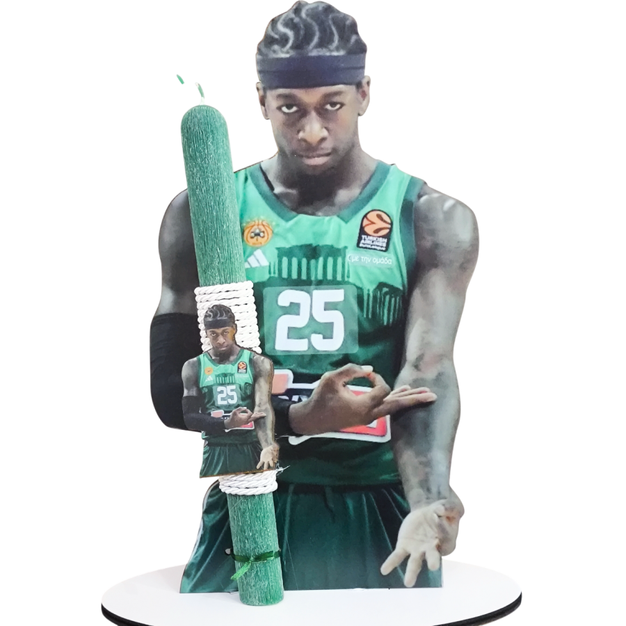 Χειροποίητη Αρωματική Λαμπάδα Με τον Πράσινο MVP Παιχταράν σε ξύλινη Διακοσμητική Βάση (20252525)